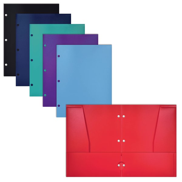 Better Office Products 4 Pocket Plastic Folder Portfolio, 3 Hole Punched, Letter Size, Assorted Primary Colors, 6PK 86740